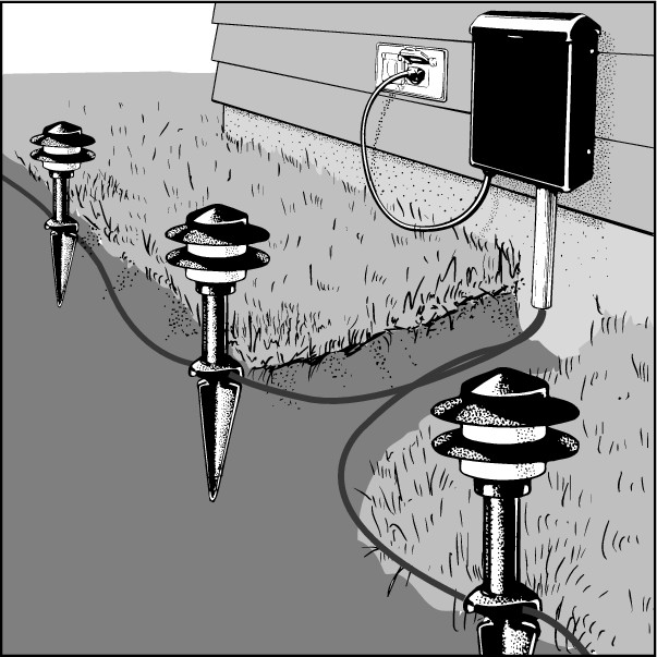 Figure 8-17: Low-voltage outdoor lighting comes in modular systems that you can customize to features of your yard.